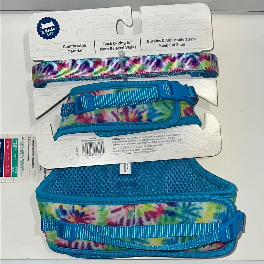 Whisker City- Colorful Tie-Dye Cat Harness and Leash Set Adult